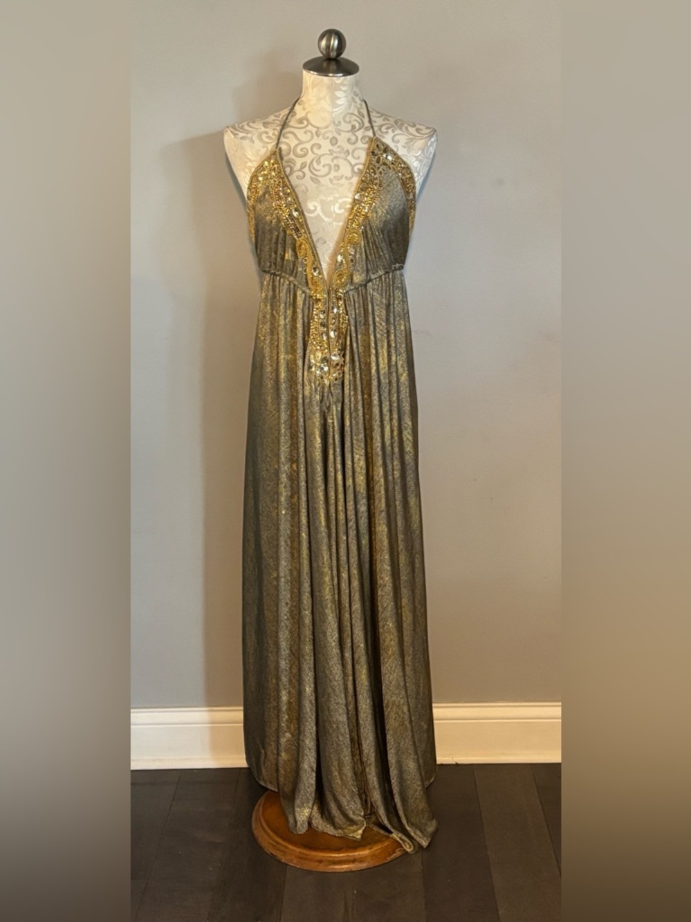 Boston Proper Gold Metallic Halter Evening Gown